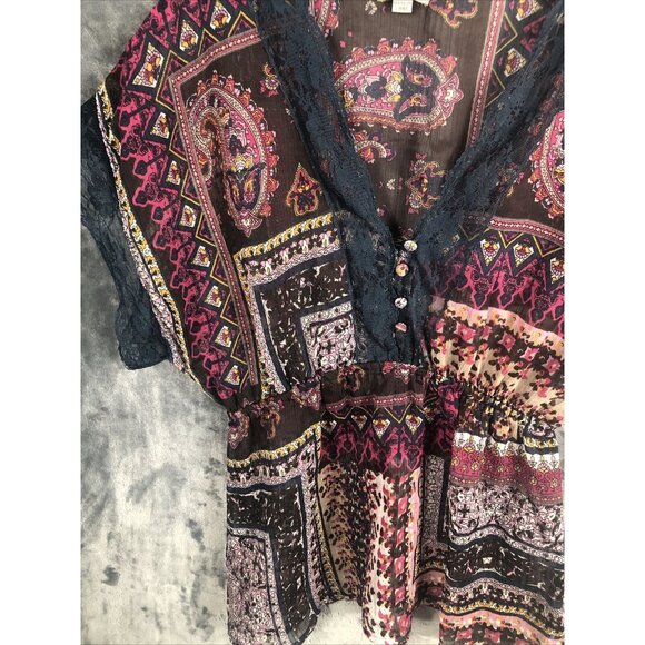 One World Woman's Shirt V-neck Blouse Elastic Waist Short Sleeve Adult Large - Picture 7 of 16